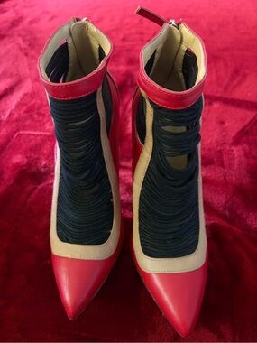Women’s Red Pointed-Toe Ankle Boots with Black Knit Insets